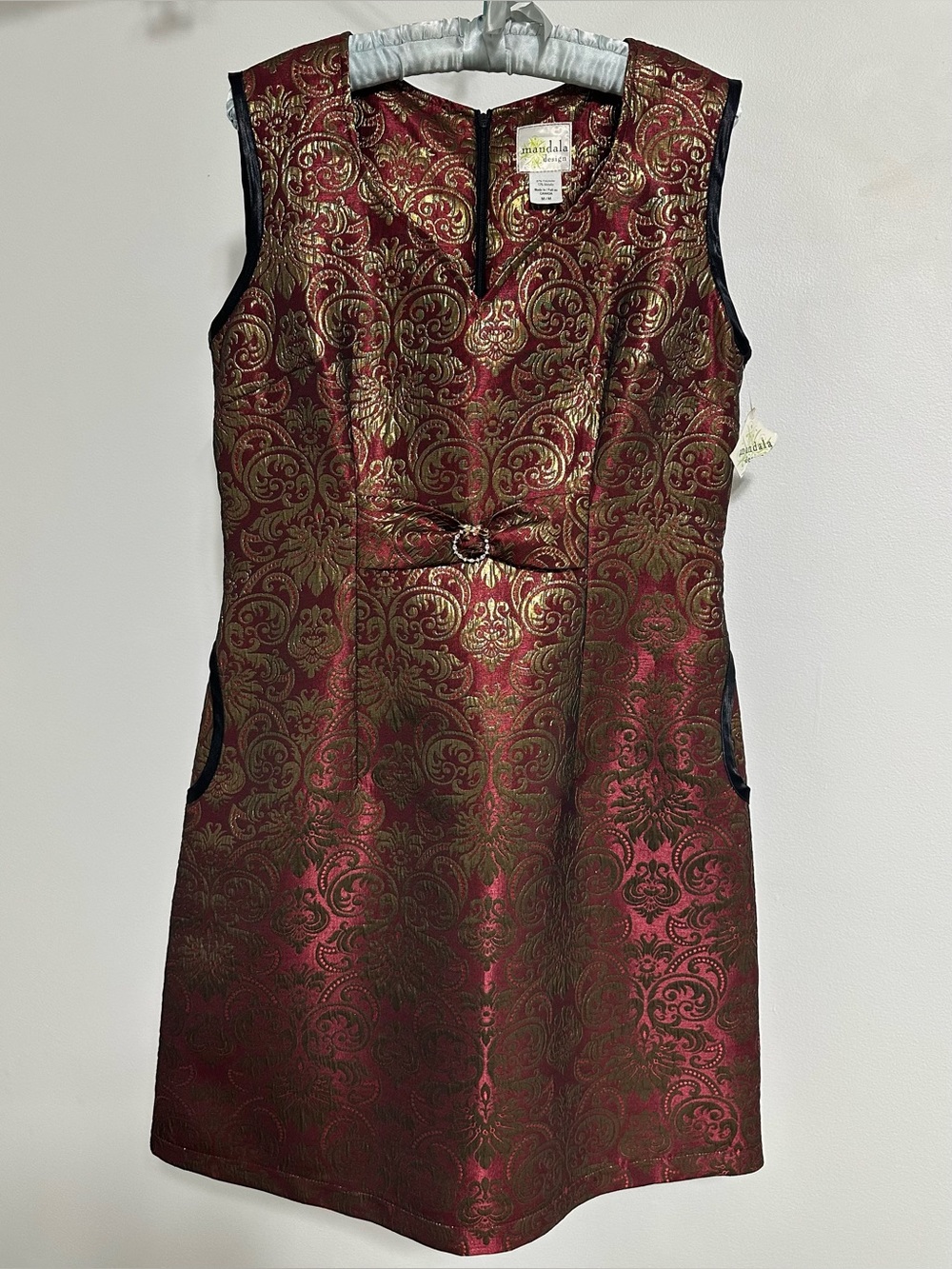 Mandala Design Red Gold Brocade Sleeveless Dress M/L